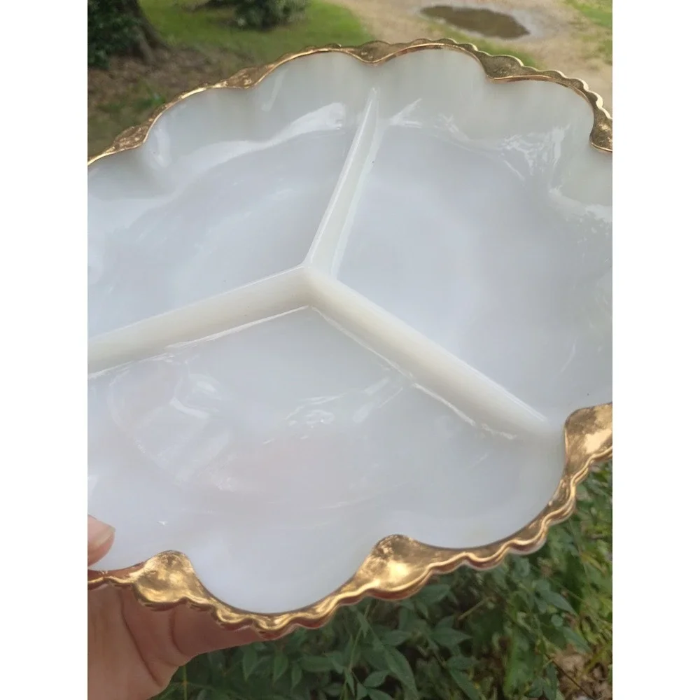 Vintage Anchor Hocking Fire King Gold Trim Milk Glass Divided Relish Tray